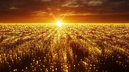 Wall Mural - abstract golden light illuminating an endless field of sparkling dots under a dramatic sunset sky, c