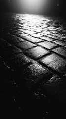 Poster - A black and white photo of a brick walkway with rain on it. The photo captures the wet and slippery surface of the bricks, creating a moody and atmospheric scene