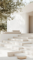Poster - A white house with a white exterior and a white staircase. The house is surrounded by trees and has a modern design