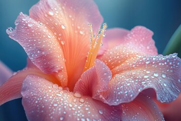 Aufkleber - Beautiful orange dahlia flower with dew drops in a garden setting during early morning light