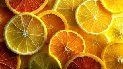 Poster - Sliced Citrus Fruit Revealing Juicy Textures and Vibrant Colors Under Bright Light, Showcasing an Assortment of Oranges and Lemons