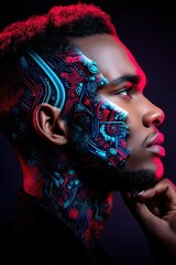 Poster - Artistic Double Exposure Portrait Combining Silhouette with Futuristic Technology and Vibrant Colors