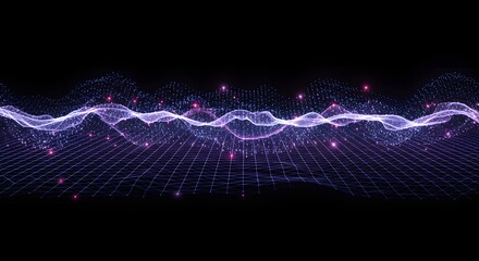 Poster - Abstract purple grid with glowing particles and wavy lines against a dark black background design art