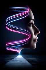 Poster - Surreal Double Exposure Profile View with Neon Light Effects and a Pastel Color Palette