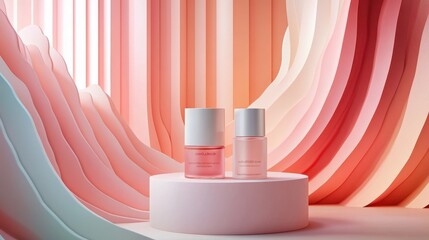 Aufkleber - Elegant display of skincare products in soft pastel tones, highlighting modern minimalism and contemporary design aesthetics