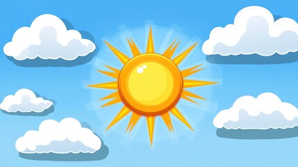 bright sun with fluffy clouds in a clear sky.