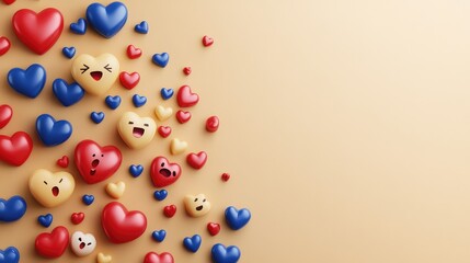 Poster - D social media reaction icons like heart, like, comment, and emoji scattered across a neutral background with copy space