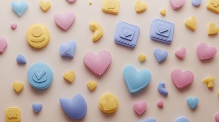 Poster - D social media reaction icons like heart, like, comment, and emoji scattered across a neutral background with copy space