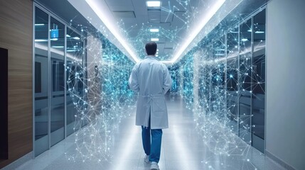 Fototapete - Artificial intelligence visualized in healthcare with interconnected neural networks processing medical data
