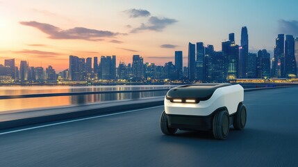 Poster - A futuristic delivery robot on a smooth road with cityscape background, innovation in transportation and service