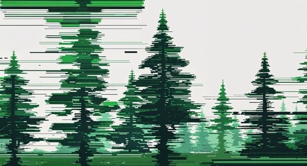 green trees digital glitch pixel abstract pattern art design on plain white background illustration