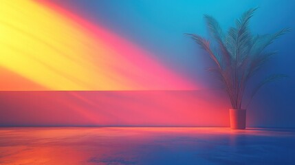 Wall Mural - Sunlit Room, Palm Plant, Neon Walls, Concrete Floor