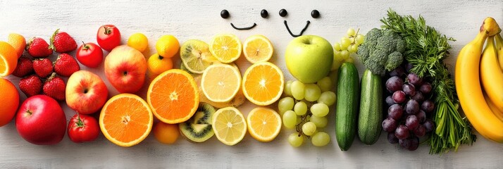 Poster - Fruits and Vegetables Arranged as a Smiling Face on a Bright Surface Highlighting Nutrition Care for Healthy Eating Choices