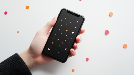 Poster - Mobile screen mockup with like, share, and comment symbols floating around, tech environment and copy space