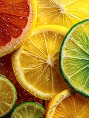 Poster - Close-up of Sliced Citrus Fruit Showcasing Juicy Texture and Vibrant Colors in a Bright and Lively Arrangement
