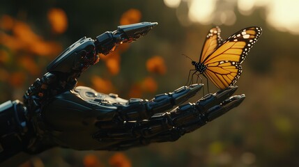 Poster - Robotic claws delicately holding a butterfly, contrast of emotion and technology in a peaceful scene