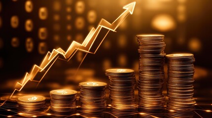 Poster - Visualization of financial success with glowing graphs, increasing arrows, and data symbols representing economic growth and investment opportunities