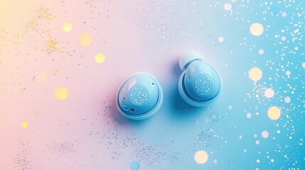 Poster - Wireless earbuds on a pastel background with sunlight and sparkles, symbolizing joyful moments and music freedom, copy space for design