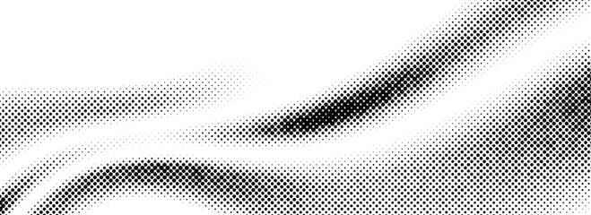 Poster - Black halftone wave pattern. Abstract grainy fluid texture. Dotted curved dot flow wallpaper. Gritty swoosh overlay element for poster, banner, brochure, flyer, leaflet, brochure. Vector background