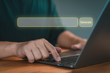 Poster - Close-up of a person using a laptop with a glowing search bar and 