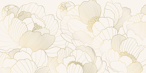Elegant gold line drawing of peonies flowers on a light background. Minimalist oriental vector design, perfect for luxury prints, patterns, or backgrounds.