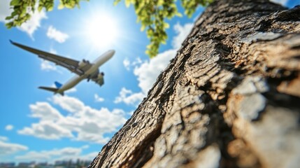 Poster - A detailed close-up of the bark of a barren tree, with a blurred airplane wing visible in the out-of-focus background. Micro vs. Macro.