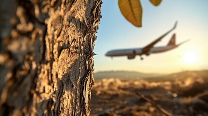 Poster - A detailed close-up of the bark of a barren tree, with a blurred airplane wing visible in the out-of-focus background. Micro vs. Macro.