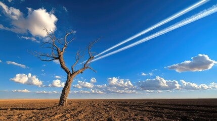 Aufkleber - A lone, barren tree stands prominently in the foreground, with a blurred airplane trail streaking across the sky behind it. Nature vs. Machine.