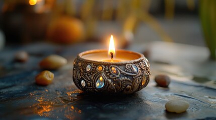 Poster - Close-up of a metal candle holder intricately decorated with small stones, lit for Diwali. Sparkling effect.
