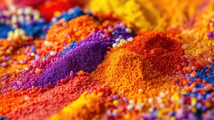 Poster - Macro shot of individual dyed rice grains used in a Diwali rangoli. Detailed texture.