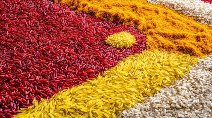 Poster - Vibrant red and yellow rice grains used to fill a Diwali rangoli pattern. Festive colors.
