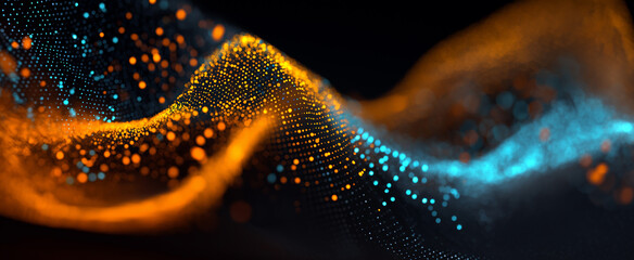 Aufkleber - abstract wave of glowing particles in orange and blue colors on a dark background design concept