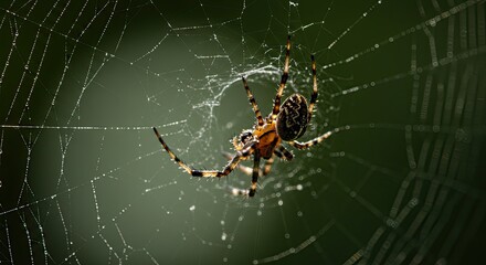 Macro Shot of an Arachnid Hunter Waiting on Its Finely Crafted Spiral Web
