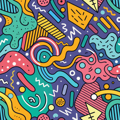 Poster - Groovy Abstract A whimsical chaos of shapes lines and colors dance against a retro purple backdrop