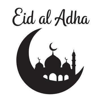 silhouette design featuring a crescent moon with a mosque with typography text Eid Al Adha.