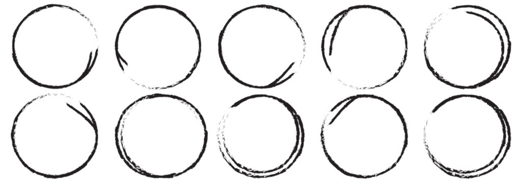 Hand drawn circle line sketch set. Circular vector image. Hand drawn circle with doodle patterns. Vector brush strokes circles of paint on white background.