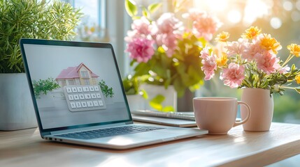 Poster - A peaceful home office setup with a laptop computer placed on a wooden desk surrounded by a vibrant floral bouquet and a lush green potted plant next to a sunny window