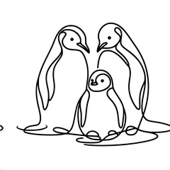 Poster - Three penguins in outline style on a simple white background, single line vector     