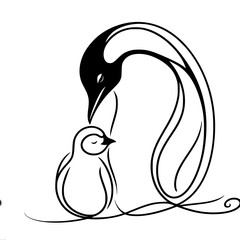 Poster - Elegant bird and chick illustration expressing love in black and white , single line outline vector 