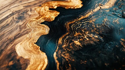 Poster - Abstract textured blend of wood, gold pigment, and deep blue fluid art design