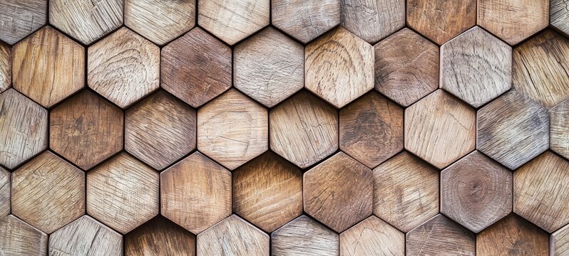 Abstract hexgonal geometric wooden background banner - Brown hexagon 3d wood timber texture wall decor