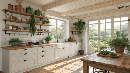Aufkleber - bright farmhouse kitchen with wooden countertops and open shelves, featuring potted plants and large windows allowing natural light to flood space, creating warm and inviting atmosphere