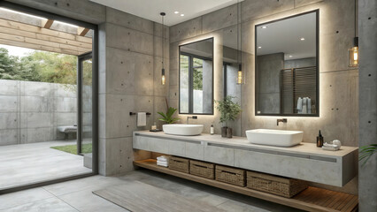 Poster - modern bathroom features double sinks and large mirrors, with concrete aesthetic and natural light from open patio. space is enhanced by greenery and warm lighting, creating serene atmosphere