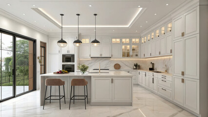 Aufkleber - spacious, modern kitchen with clean white cabinetry, island, and pendant lighting. room features marble flooring and large window offering view of greenery, creating bright and inviting atmosphere