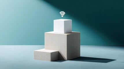 Poster - White cube with wi-fi on top representing accessible public wi-fi and its economic impact on communities