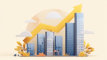 Poster - Dynamic cityscape with a rising arrow illustrating urban growth and resilience metrics for economic benchmarking analysis