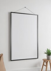 Wall Mural - Hanging poster frame mockup, showcasing empty space on clean white backdrop  ,  template,  blank