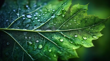 Poster - Detailed Close-Up of a Leaf Showcasing Intricate Veins and Glistening Morning Dew Droplets in a Vibrant Green Environment