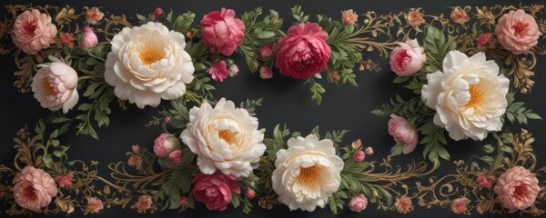 Wall Mural - Intricate floral baroque border; swirling leaves, calligraphic roses & peonies  Elegant vintage design ,  flourish,  rose,  wallpaper