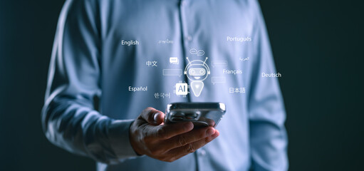 Leinwandbilder - Man using AI chatbot on smartphone with multiple language icons, representing language translation, multilingual support, global communication, artificial intelligence, and smart assistant.
